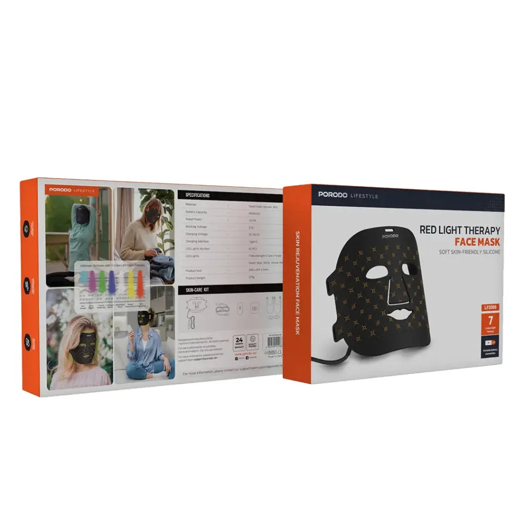 قناع الوجه من بورودو, سيليكون ناعم بتقنية LED للعلاج الضوئي ب 7 الوان - اسود | Porodo Soft Silicone LED Facial Mask with 7 Color Light Therapy - Black