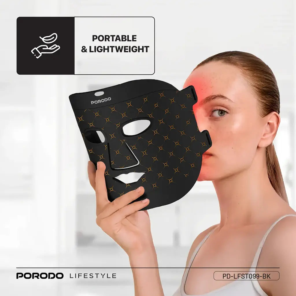 قناع الوجه من بورودو, سيليكون ناعم بتقنية LED للعلاج الضوئي ب 7 الوان - اسود | Porodo Soft Silicone LED Facial Mask with 7 Color Light Therapy - Black
