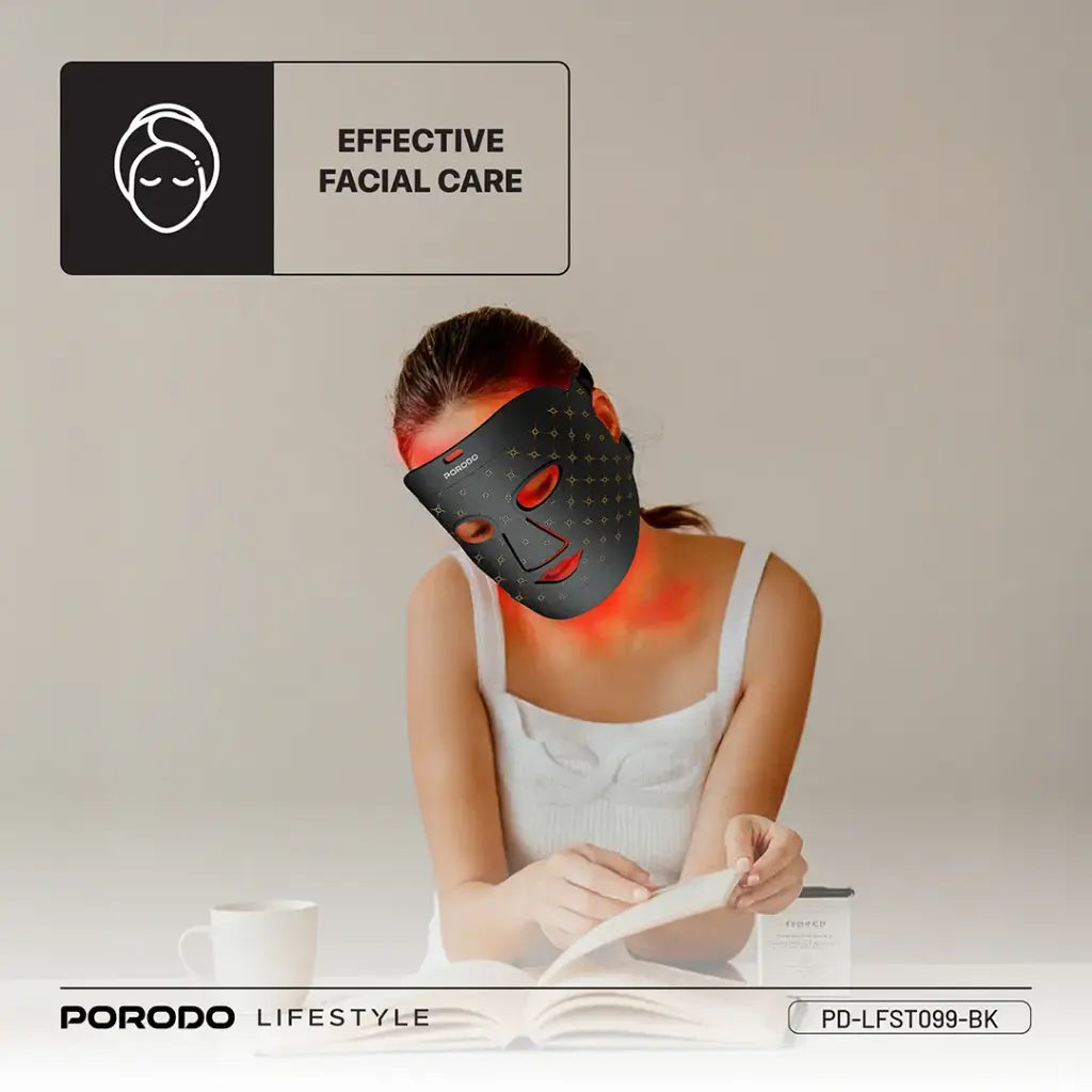 قناع الوجه من بورودو, سيليكون ناعم بتقنية LED للعلاج الضوئي ب 7 الوان - اسود | Porodo Soft Silicone LED Facial Mask with 7 Color Light Therapy - Black