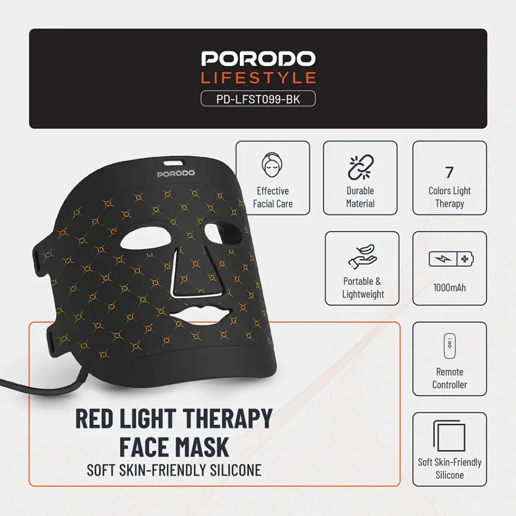 قناع الوجه من بورودو, سيليكون ناعم بتقنية LED للعلاج الضوئي ب 7 الوان - اسود | Porodo Soft Silicone LED Facial Mask with 7 Color Light Therapy - Black