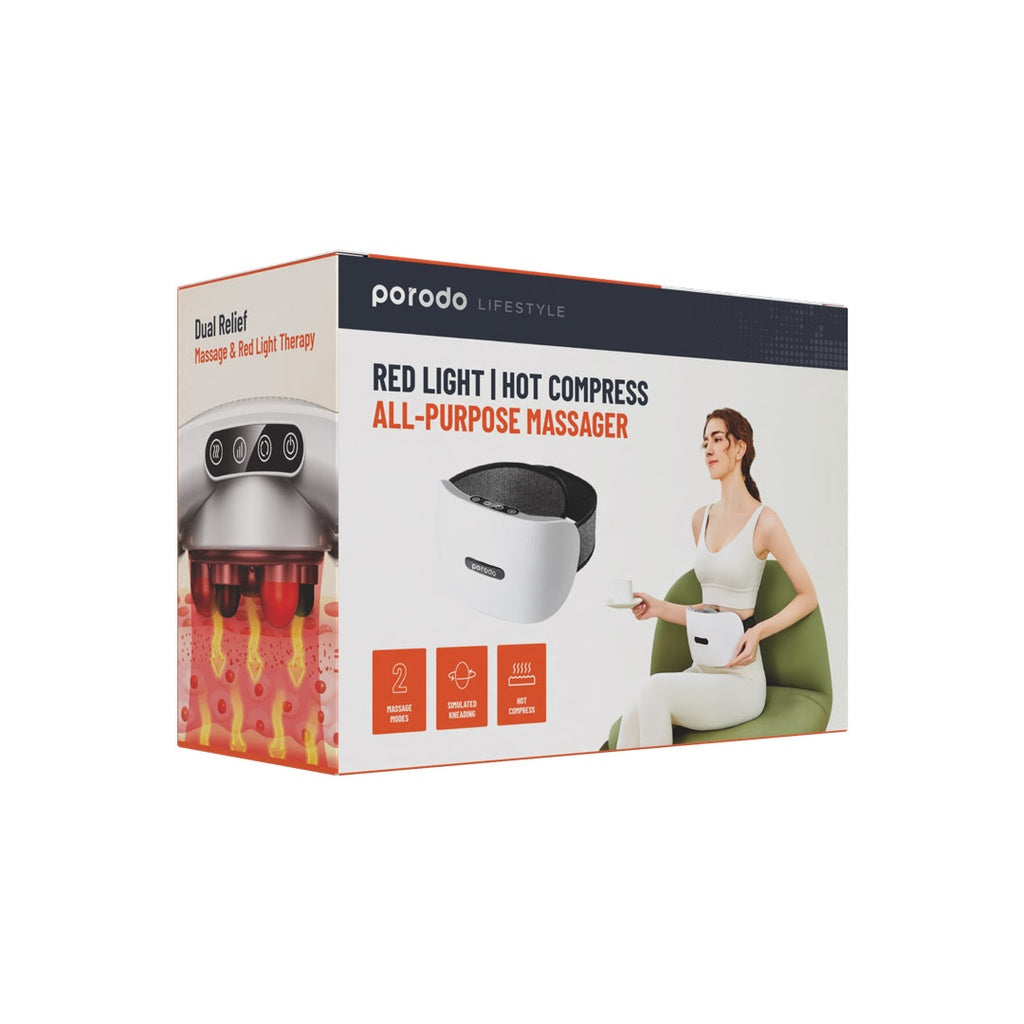 جهاز بورودو لايف ستايل للتدليك بالضغط الساخن والضوء الاحمر - ابيض | Porodo Lifestyle Red Light and Hot Compress Massager - White