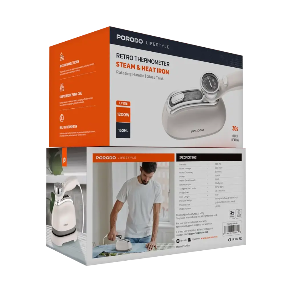 مكواة بخار عمودية وافقية بقدرة 1200 واط مع مقبض دوار 180 درجة - ابيض | Porodo Lifestyle 1200W Vertical & Horizontal Steam Iron with 180° Rotatable Handle - White