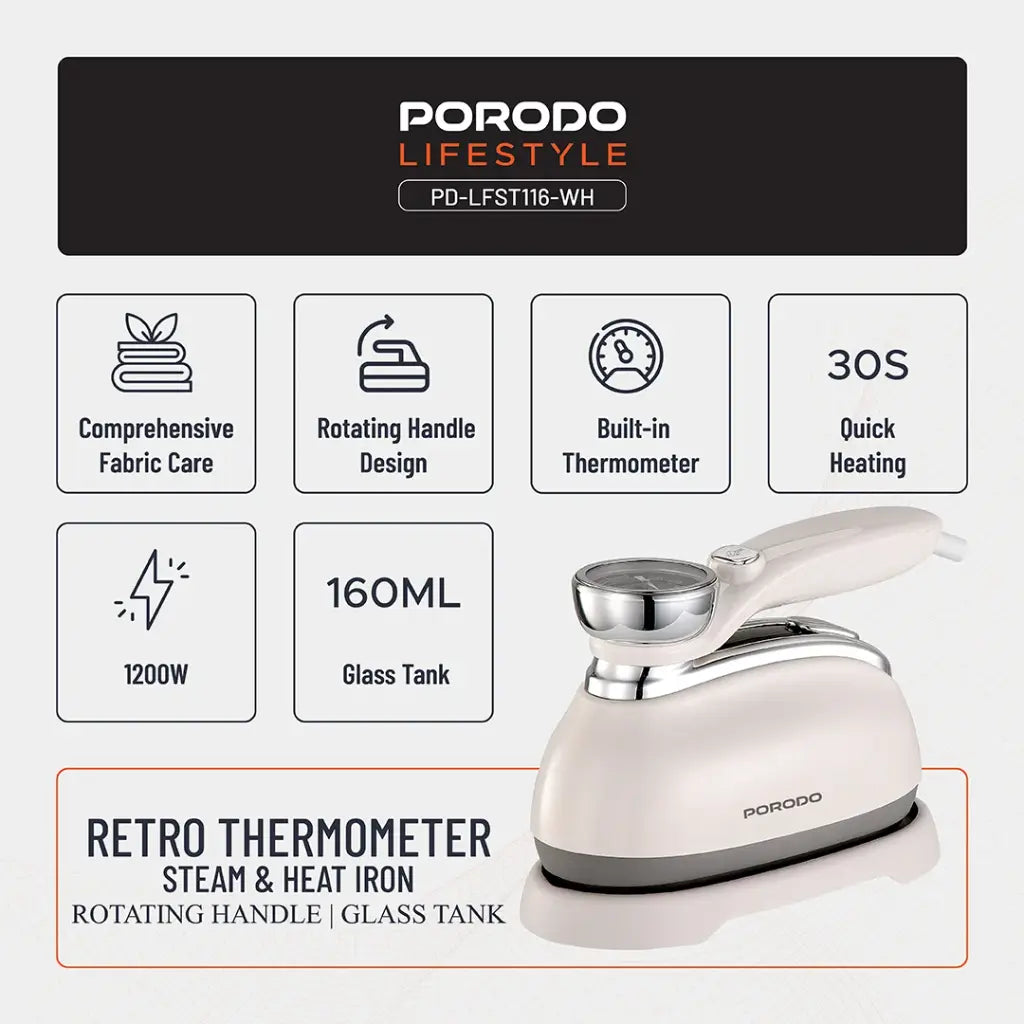 مكواة بخار عمودية وافقية بقدرة 1200 واط مع مقبض دوار 180 درجة - ابيض | Porodo Lifestyle 1200W Vertical & Horizontal Steam Iron with 180° Rotatable Handle - White