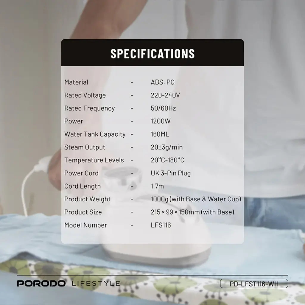 مكواة بخار عمودية وافقية بقدرة 1200 واط مع مقبض دوار 180 درجة - ابيض | Porodo Lifestyle 1200W Vertical & Horizontal Steam Iron with 180° Rotatable Handle - White