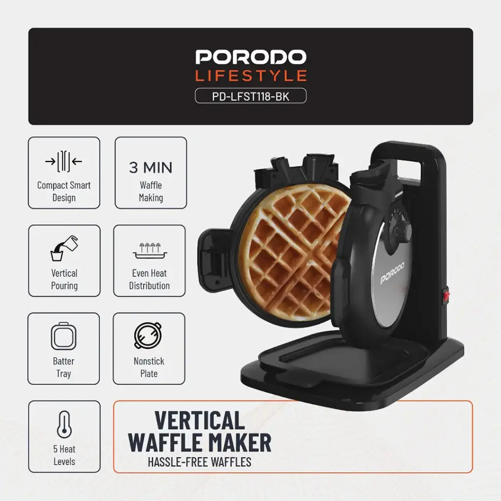 ماكينة الوافل العمودية من بورودو لايف ستايل بقدرة 800 واط وب 5 مستويات حرارة - اسود | Porodo Lifestyle 800W Vertical Waffle Maker with 5 Temperature Modes - Black