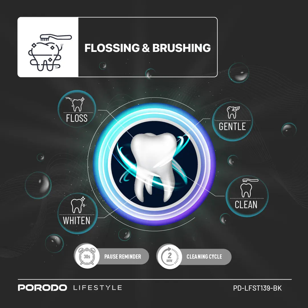 فرشاة اسنان كهربائية بورودو لايف ستايل مع خيط مائي وخزان 100 مل, بطارية بسعة 1000 مللي امبير | Porodo Lifestyle 1000mAh IPX7 Electric Toothbrush with Manual Mode 110ml Water Tank.