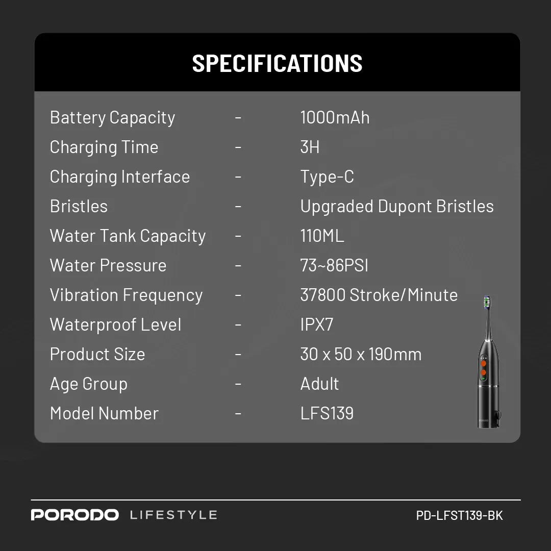 فرشاة اسنان كهربائية بورودو لايف ستايل مع خيط مائي وخزان 100 مل, بطارية بسعة 1000 مللي امبير | Porodo Lifestyle 1000mAh IPX7 Electric Toothbrush with Manual Mode 110ml Water Tank.