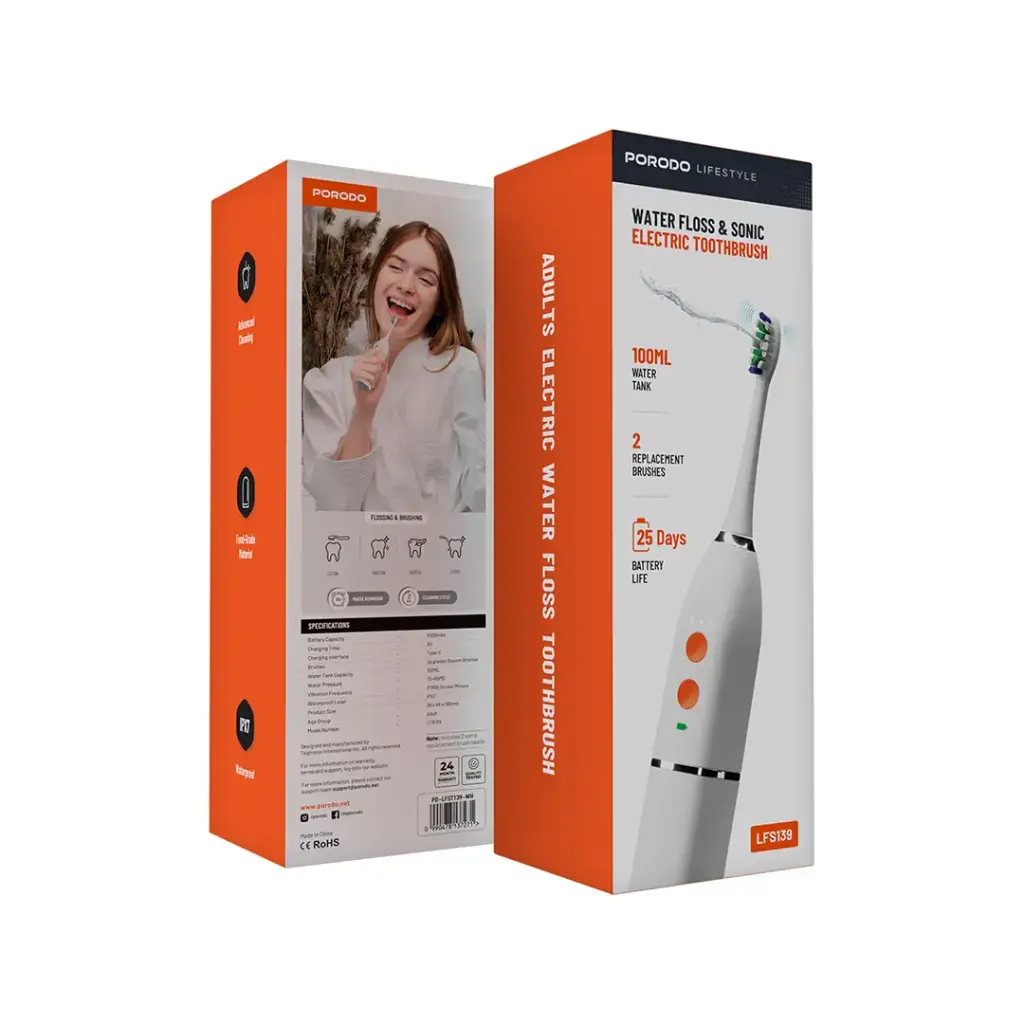 فرشاة اسنان كهربائية بورودو لايف ستايل مع خيط مائي وخزان 100 مل, بطارية بسعة 1000 مللي امبير | Porodo Lifestyle 1000mAh IPX7 Electric Toothbrush with Manual Mode 110ml Water Tank.