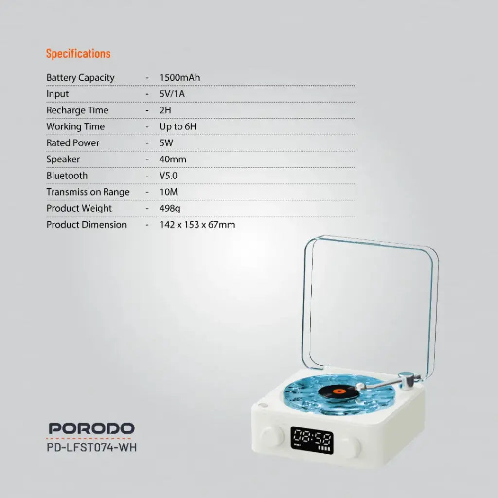 سبيكر بورودو لايف ستايل ويف, سبيكر بلوتوث باصوات وايت نويز, بطارية بسعة 1500 مللي امبير | Porodo Lifestyle Wave White Noise Bluetooth Speaker 1500mAh