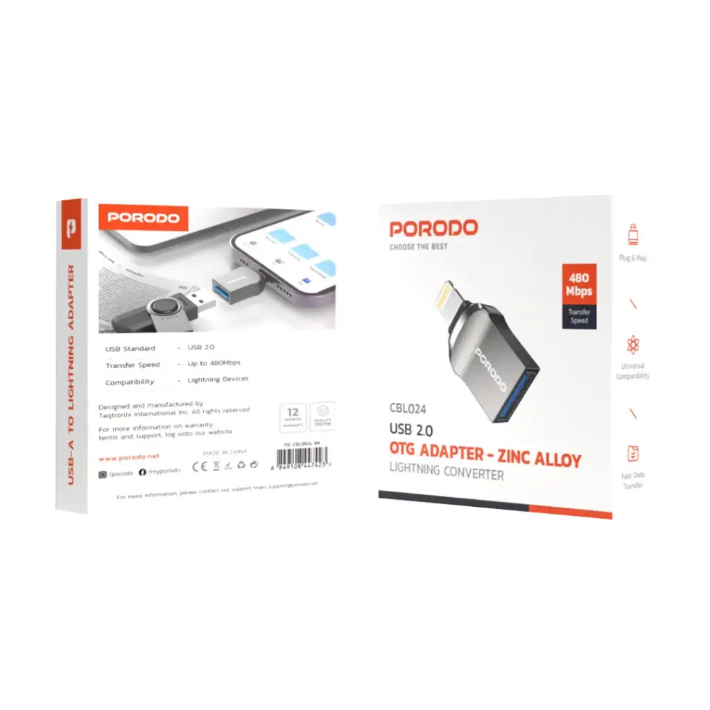 بورودو محول منفذ لايتننغ OTG - اسود | Porodo Lightning OTG Adapter - Black