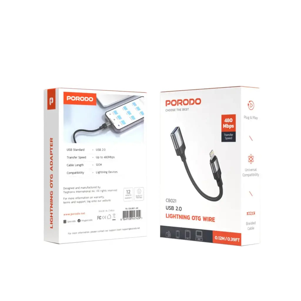 كيبل محول يو اس بي اي الى لايتننغ من بورودو ووفن بطول 12 سم - اسود | Porodo Woven USB-A to Lightning Adapter Cable 0.12M – Black
