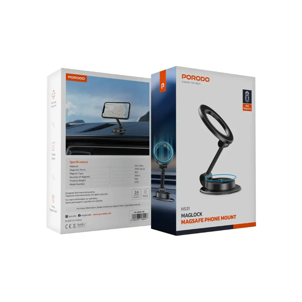 حامل هاتف للسيارة مغناطيسي ماج سيف قابل للطي بدوران 360 درجة من بورودو - اسود | Porodo 360° Foldable MagSafe Car Phone Mount – Black