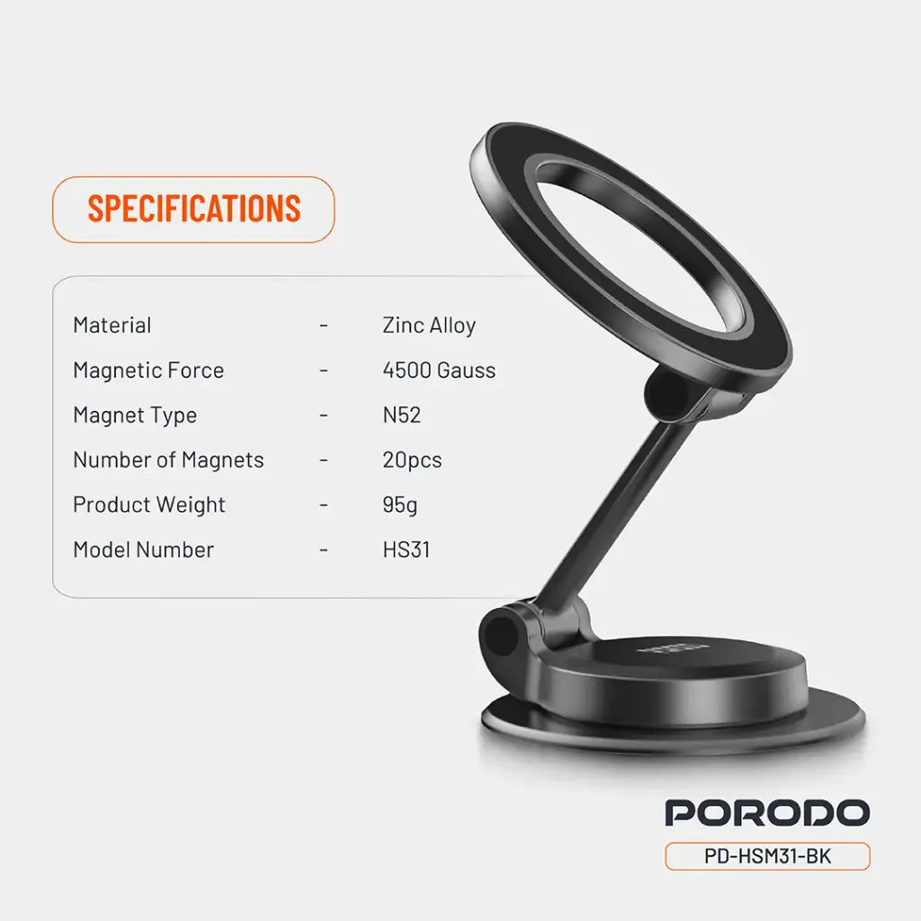 حامل هاتف للسيارة مغناطيسي ماج سيف قابل للطي بدوران 360 درجة من بورودو - اسود | Porodo 360° Foldable MagSafe Car Phone Mount – Black