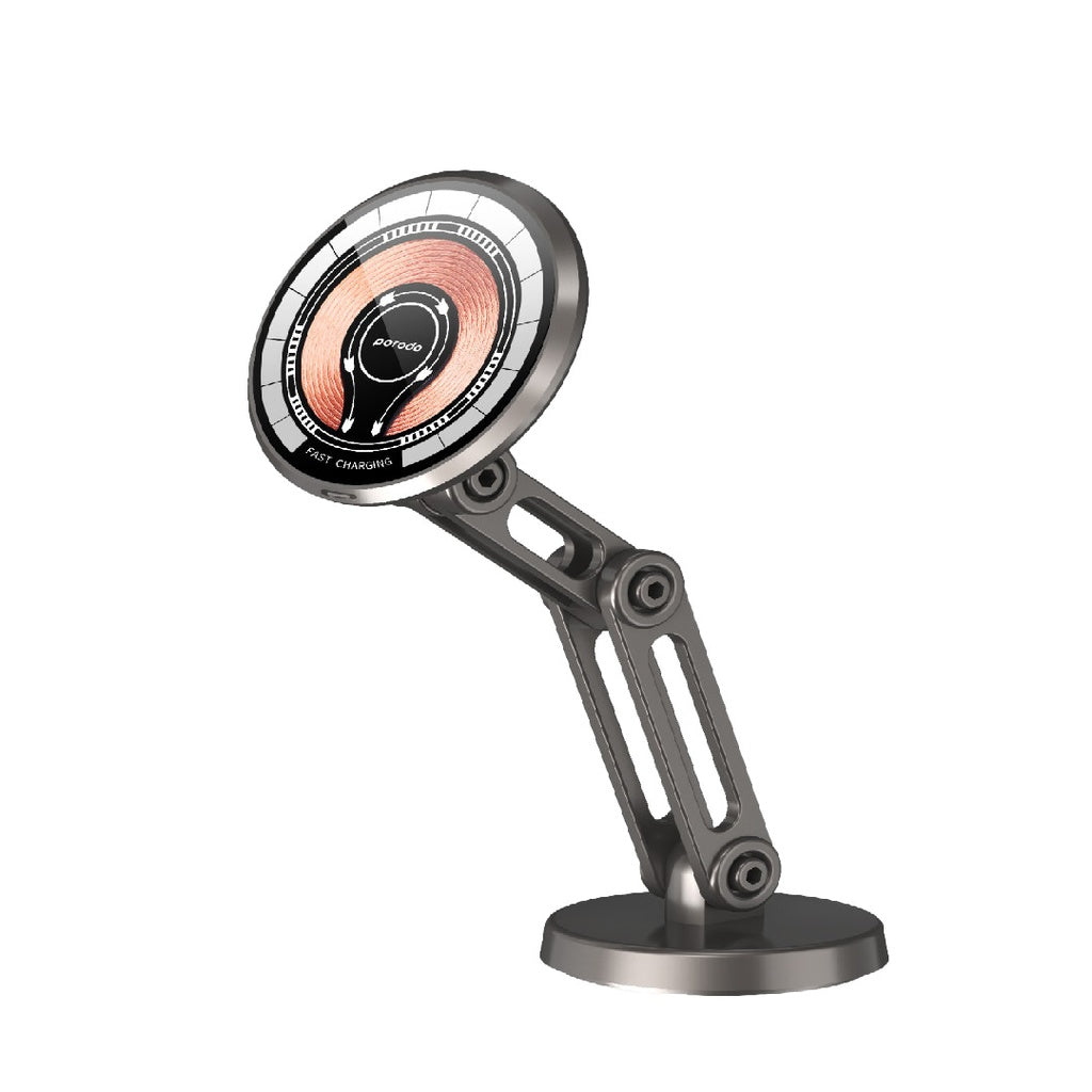 حامل هاتف مع شاحن لاسلكي مغناطيسي سريع من بورودو, مع ذراع مزدوجة ودوران 360 درجة - اسود | Porodo Magnetic Wireless Fast Charging Mount with Double Arm & 360° Rotation - Black