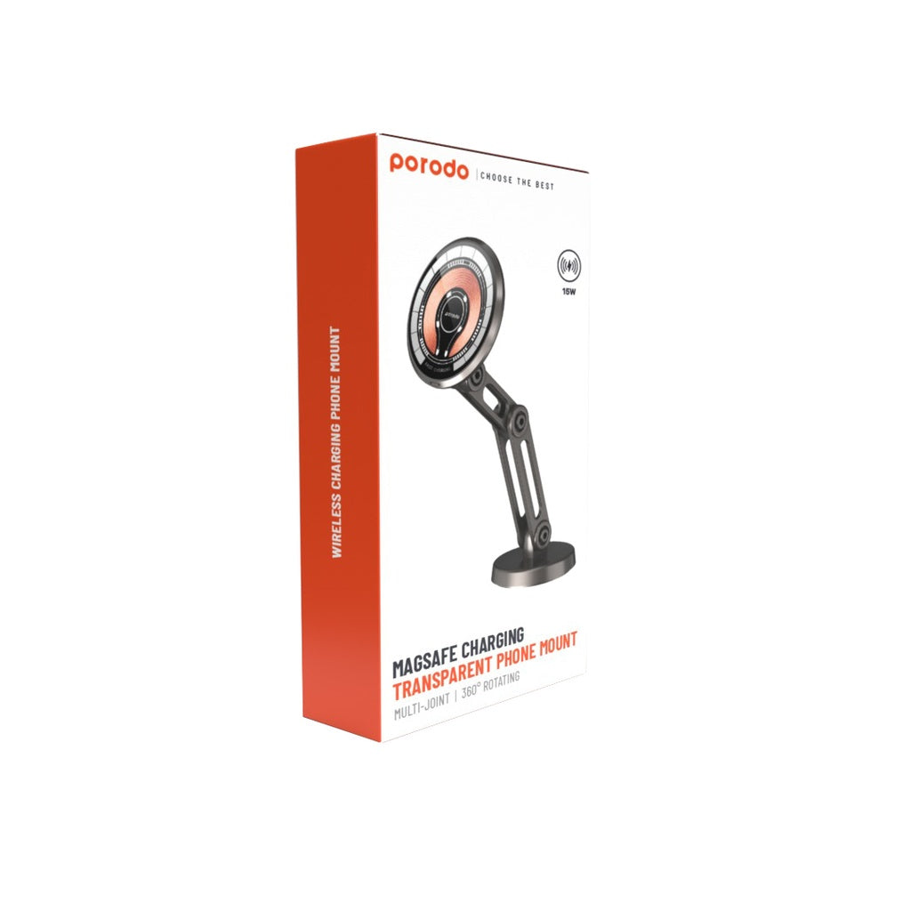 حامل هاتف مع شاحن لاسلكي مغناطيسي سريع من بورودو, مع ذراع مزدوجة ودوران 360 درجة - اسود | Porodo Magnetic Wireless Fast Charging Mount with Double Arm & 360° Rotation - Black