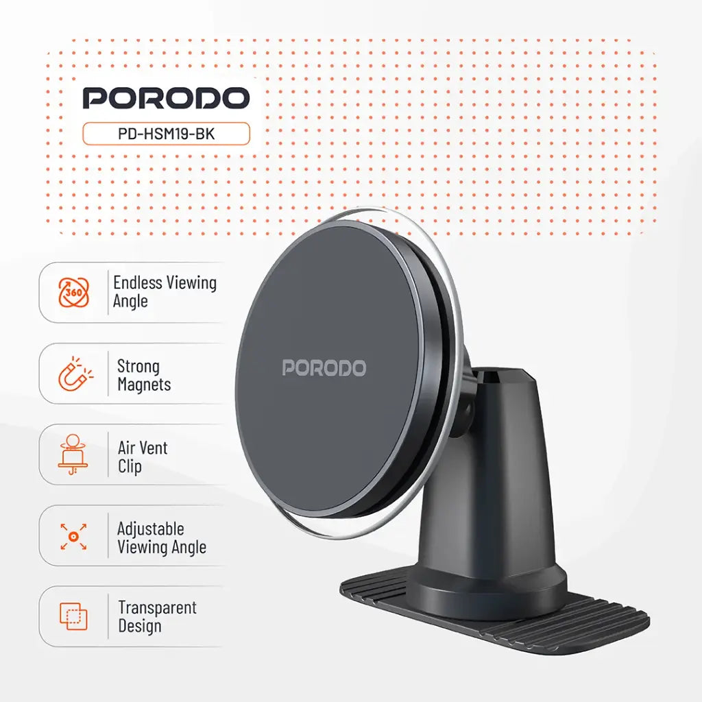 بورودو حامل هاتف للسيارة مغناطيسي 2 في 1 ماج سيف - اسود | Porodo 2-in-1 MagSafe Car Mount - Black