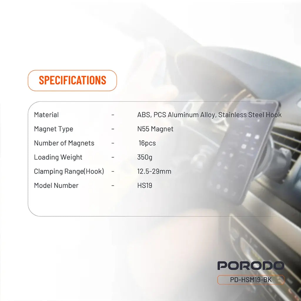 بورودو حامل هاتف للسيارة مغناطيسي 2 في 1 ماج سيف - اسود | Porodo 2-in-1 MagSafe Car Mount - Black