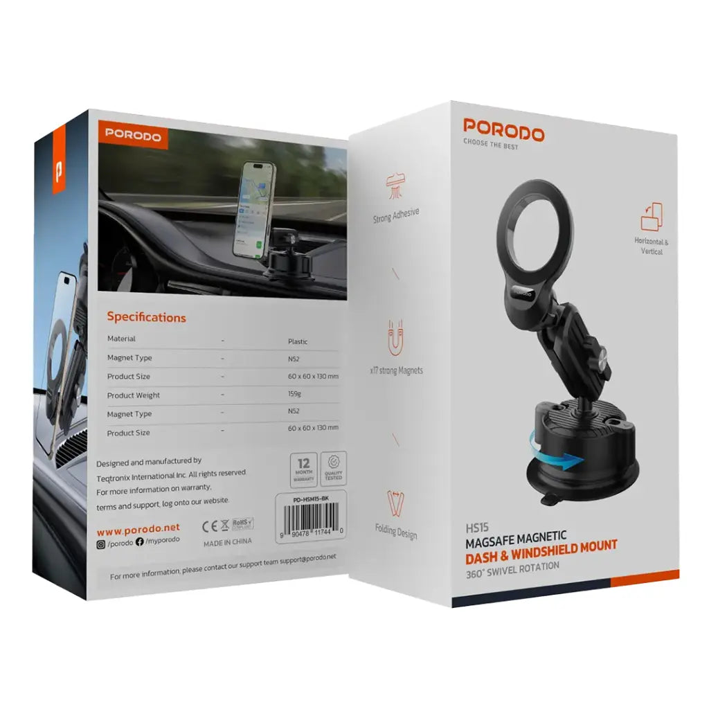 حامل هاتف للسيارة ماج سيف قابل للتعديل 360 درجة مع قاعدة تثبيت - اسود | Porodo 360° Adjustable MagSafe Car Mount with Suction - Black