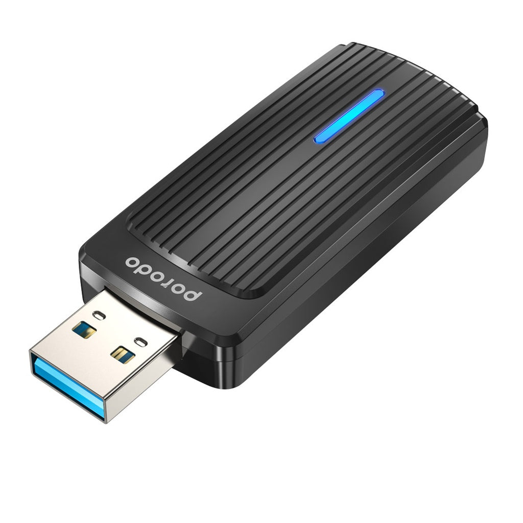 محول واي فاي مزدوج النطاق Wifi6 من بورودو مع محول يو اس بي اي الى تايب سي اضافي - اسود | Porodo Dual Band WiFi6 USB Adapter with Additional USB A to Type-C Adaptor - Black