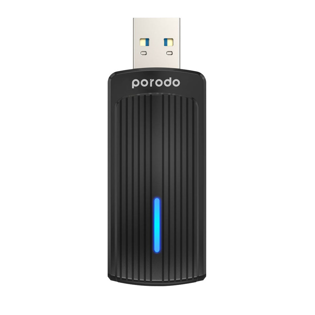 محول واي فاي مزدوج النطاق Wifi6 من بورودو مع محول يو اس بي اي الى تايب سي اضافي - اسود | Porodo Dual Band WiFi6 USB Adapter with Additional USB A to Type-C Adaptor - Black