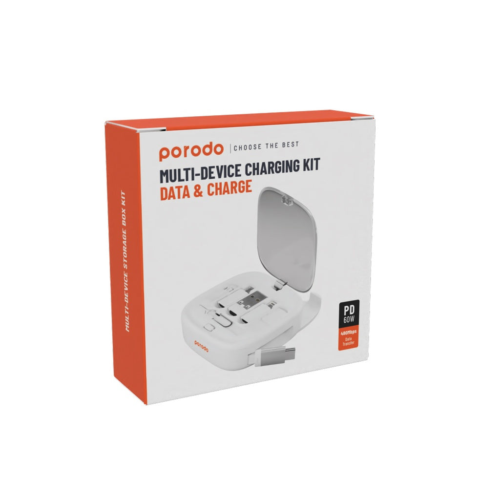 عدة شحن متعددة الوظائف 6 في 1 من بورودو مع كيبل تايب سي بقدرة 60 واط - ابيض | Porodo 6in1 Multi-Functional Charge Kit with 60W Type-C to Type-C Cable – White