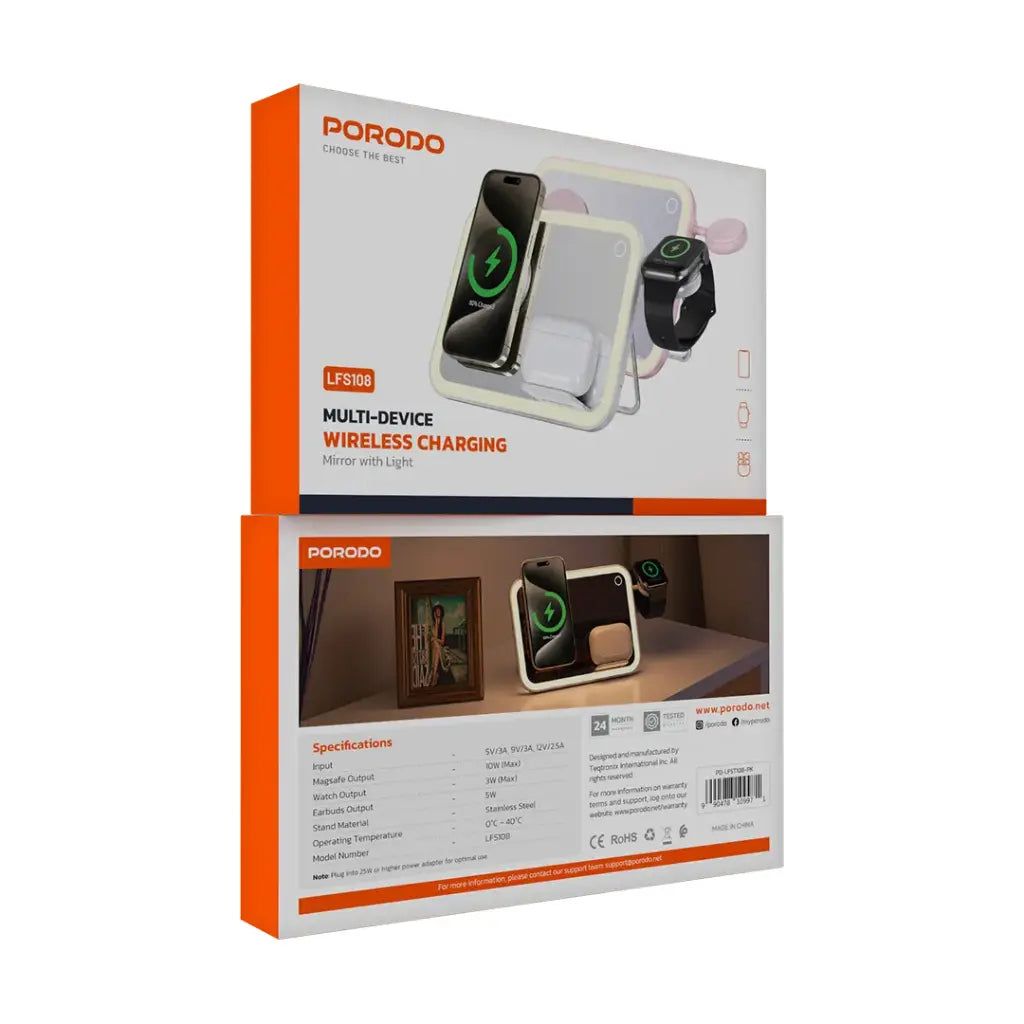 قاعدة شحن 3 في 1 من بورودو, ماج سيف بقدرة 15 واط مع مرآة واضائة | Porodo 15W 3-in-1 MagSafe Charging Station with Mirror Light.