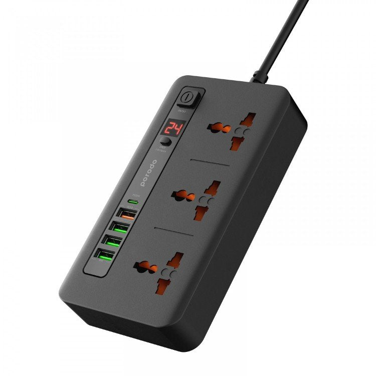 وصلة كهربائية بورودو متعددة المنافذ مع 6 منافذ AC و 4 منافذ تايب سي و 2 تايب اي, كيبل بطول 2 متر | Porodo Multi-Port Power HUB 4 USB-C / USB-A Ultimate Home & Office Kit 2M.