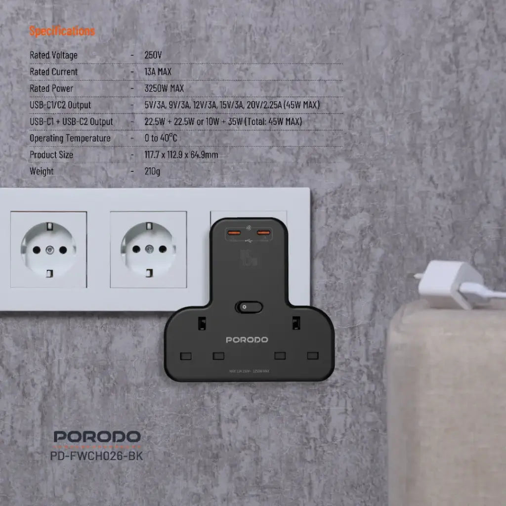 بورودو مقبس حائط متعدد المنافذ مع دعم للشحن السريع بقدرة 45 واط - اسود | Porodo Multi-Port Wall Socket With PD Fast charging 45W – Black