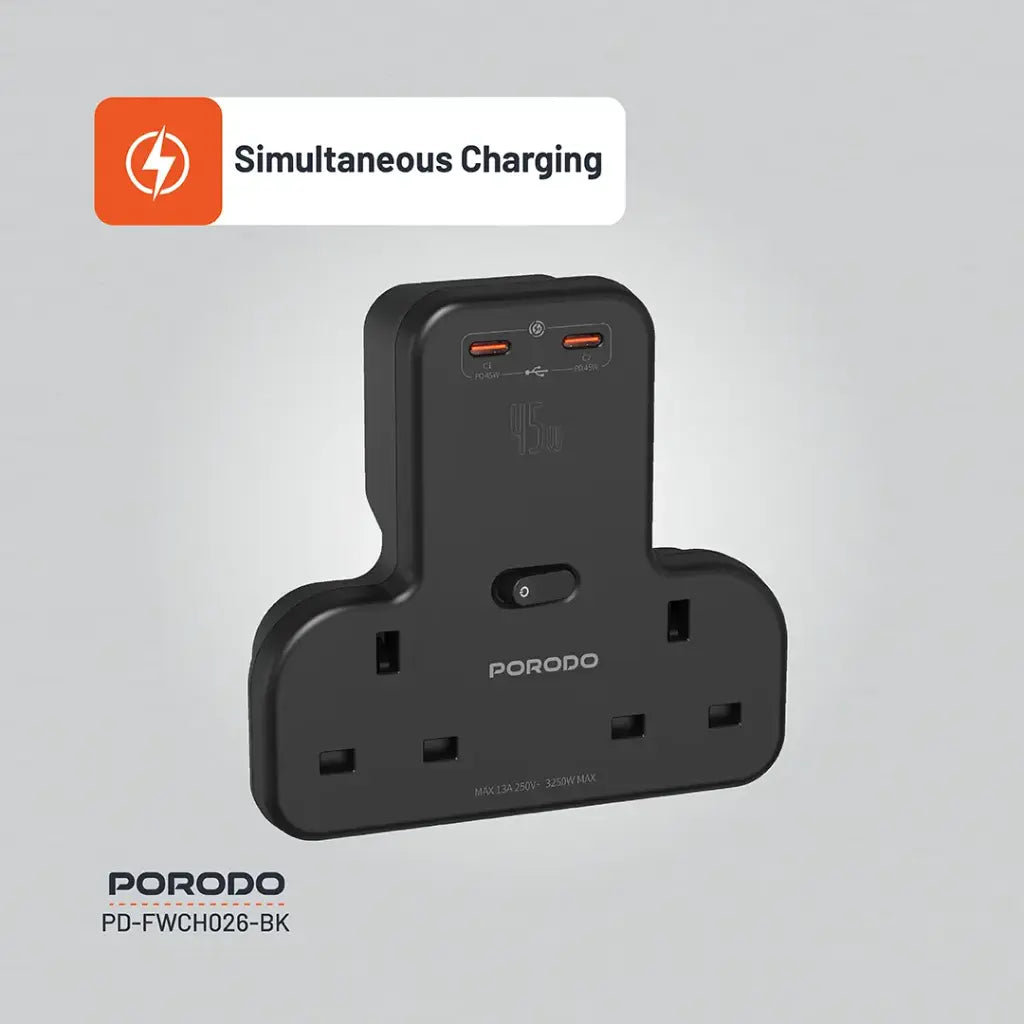 بورودو مقبس حائط متعدد المنافذ مع دعم للشحن السريع بقدرة 45 واط - اسود | Porodo Multi-Port Wall Socket With PD Fast charging 45W – Black
