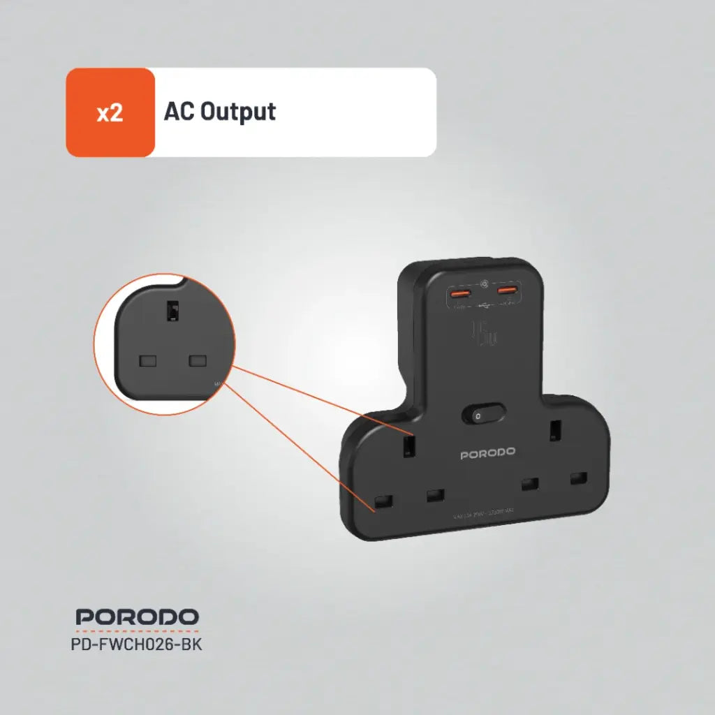 بورودو مقبس حائط متعدد المنافذ مع دعم للشحن السريع بقدرة 45 واط - اسود | Porodo Multi-Port Wall Socket With PD Fast charging 45W – Black