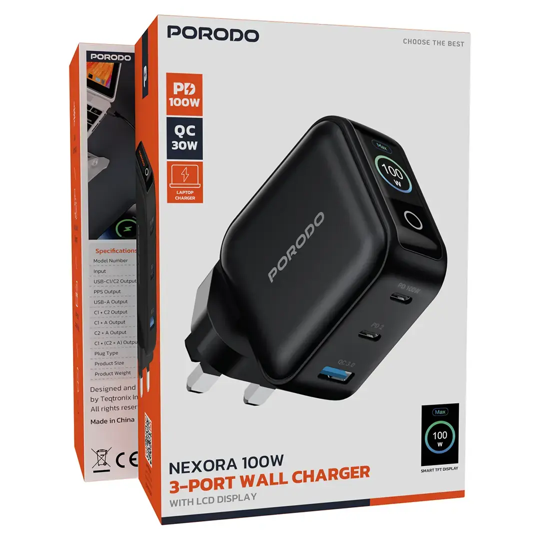 شاحن جداري بورودو نيكسورا ثلاثي المنافذ بقدرة شحن 100 واط مع شاشة LCD - اسود | Porodo Nexora 100W 3-Port Wall Charger with LCD Display - Black