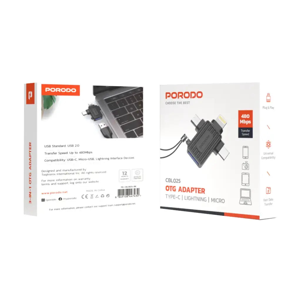 محول بورودو متعدد المنافذ, يو اس بي اي الى لايتننغ + مايكرو يو اس بي + تايب سي - اسود | Porodo USB-A to Lightning, Micro-USB & Type-C Multi-Functional Adapter – Black