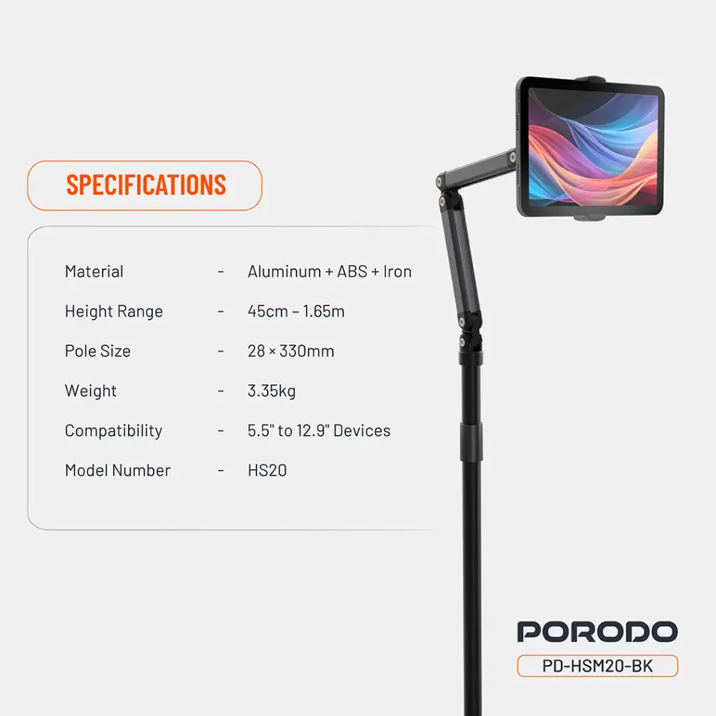 حامل ارضي دوار قابل للتعديل للهواتف والاجهزة اللوحية من بورودو - اسود | Porodo 360° Rotatable & Adjustable Cantilever Bracket Phone & Tablet Floor Stand 1.65m – Black