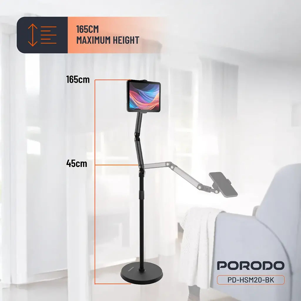حامل ارضي دوار قابل للتعديل للهواتف والاجهزة اللوحية من بورودو - اسود | Porodo 360° Rotatable & Adjustable Cantilever Bracket Phone & Tablet Floor Stand 1.65m – Black