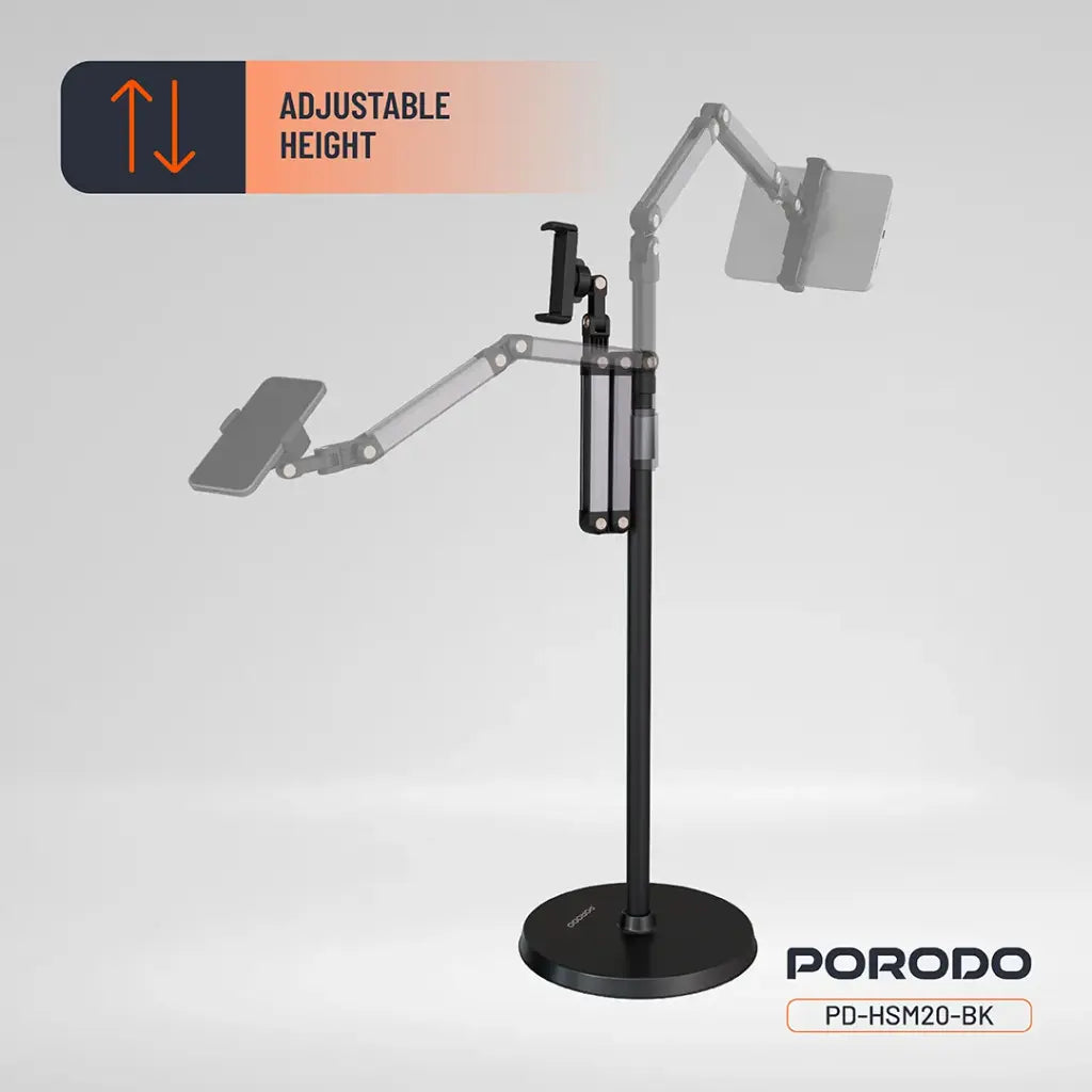 حامل ارضي دوار قابل للتعديل للهواتف والاجهزة اللوحية من بورودو - اسود | Porodo 360° Rotatable & Adjustable Cantilever Bracket Phone & Tablet Floor Stand 1.65m – Black