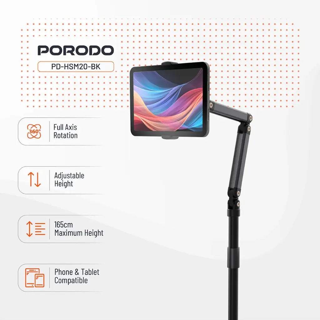 حامل ارضي دوار قابل للتعديل للهواتف والاجهزة اللوحية من بورودو - اسود | Porodo 360° Rotatable & Adjustable Cantilever Bracket Phone & Tablet Floor Stand 1.65m – Black