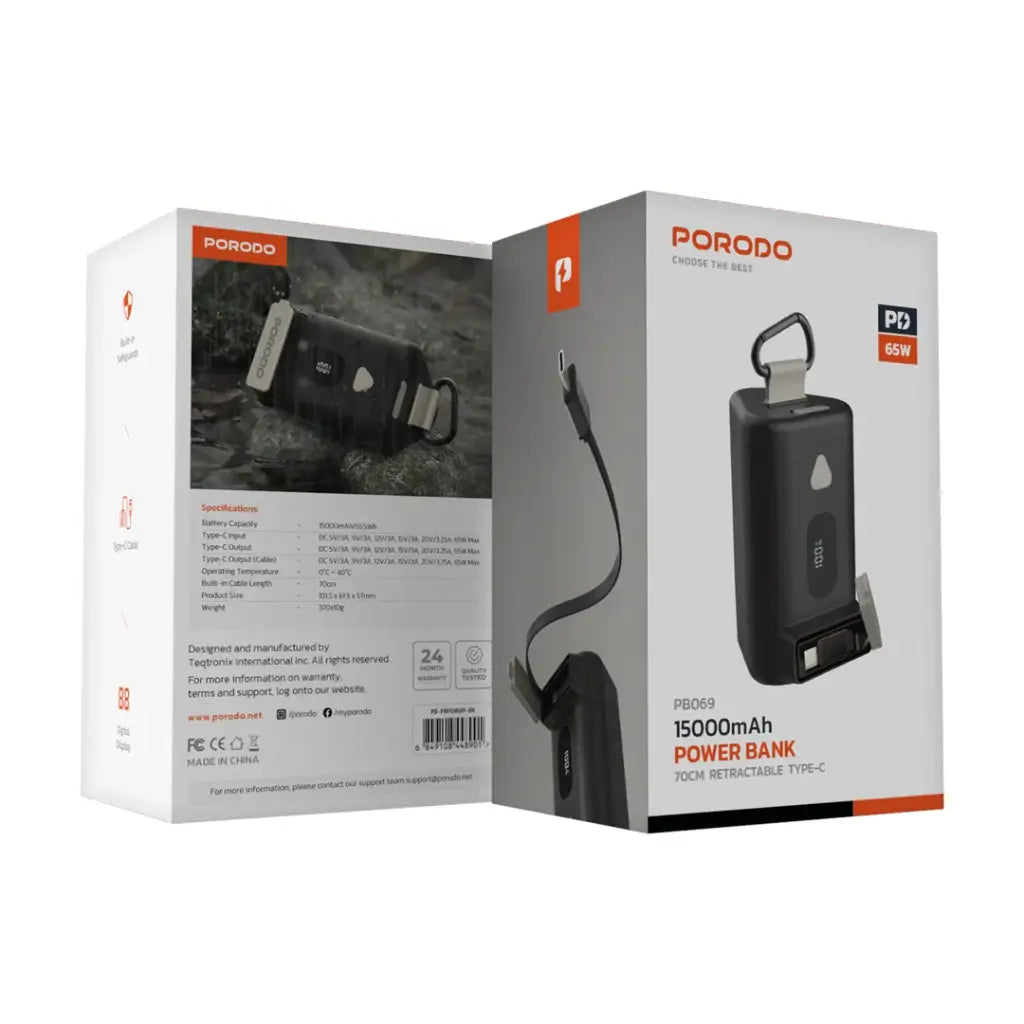 باور بانك بورودو بسعة 15000 مللي امبير بمعيار مقاومة ماء IPX5 وكيبل تايب سي مدمج قابل للسحب - اسود | Porodo IPX5 360° 15000mAh Power Bank with Retractable Type-C Cable - Black.