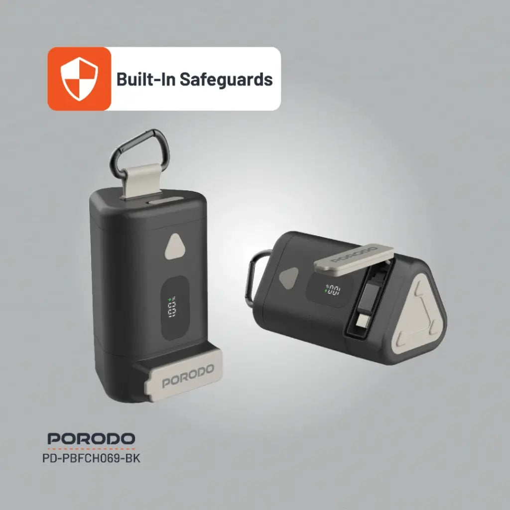 باور بانك بورودو بسعة 15000 مللي امبير بمعيار مقاومة ماء IPX5 وكيبل تايب سي مدمج قابل للسحب - اسود | Porodo IPX5 360° 15000mAh Power Bank with Retractable Type-C Cable - Black.