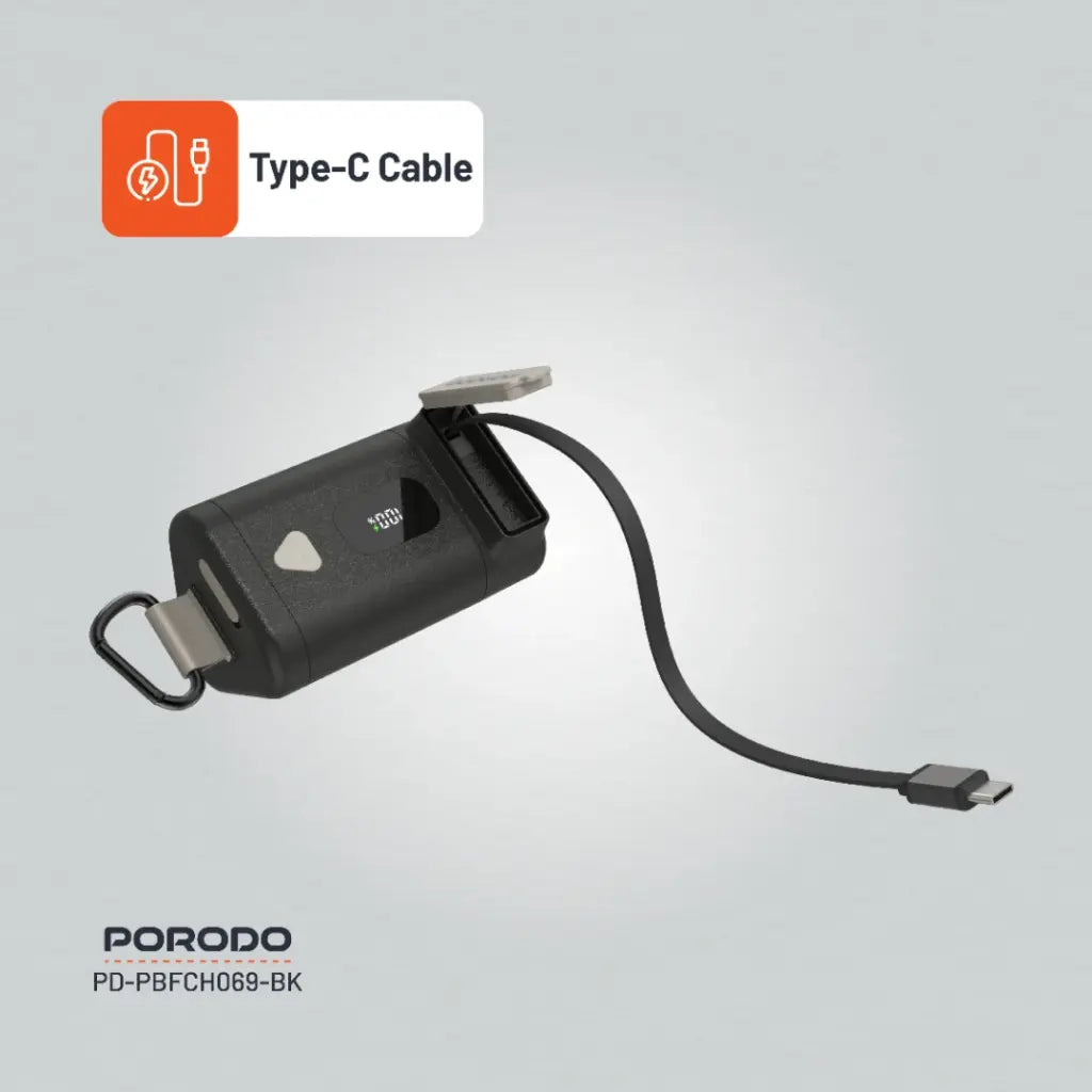 باور بانك بورودو بسعة 15000 مللي امبير بمعيار مقاومة ماء IPX5 وكيبل تايب سي مدمج قابل للسحب - اسود | Porodo IPX5 360° 15000mAh Power Bank with Retractable Type-C Cable - Black.