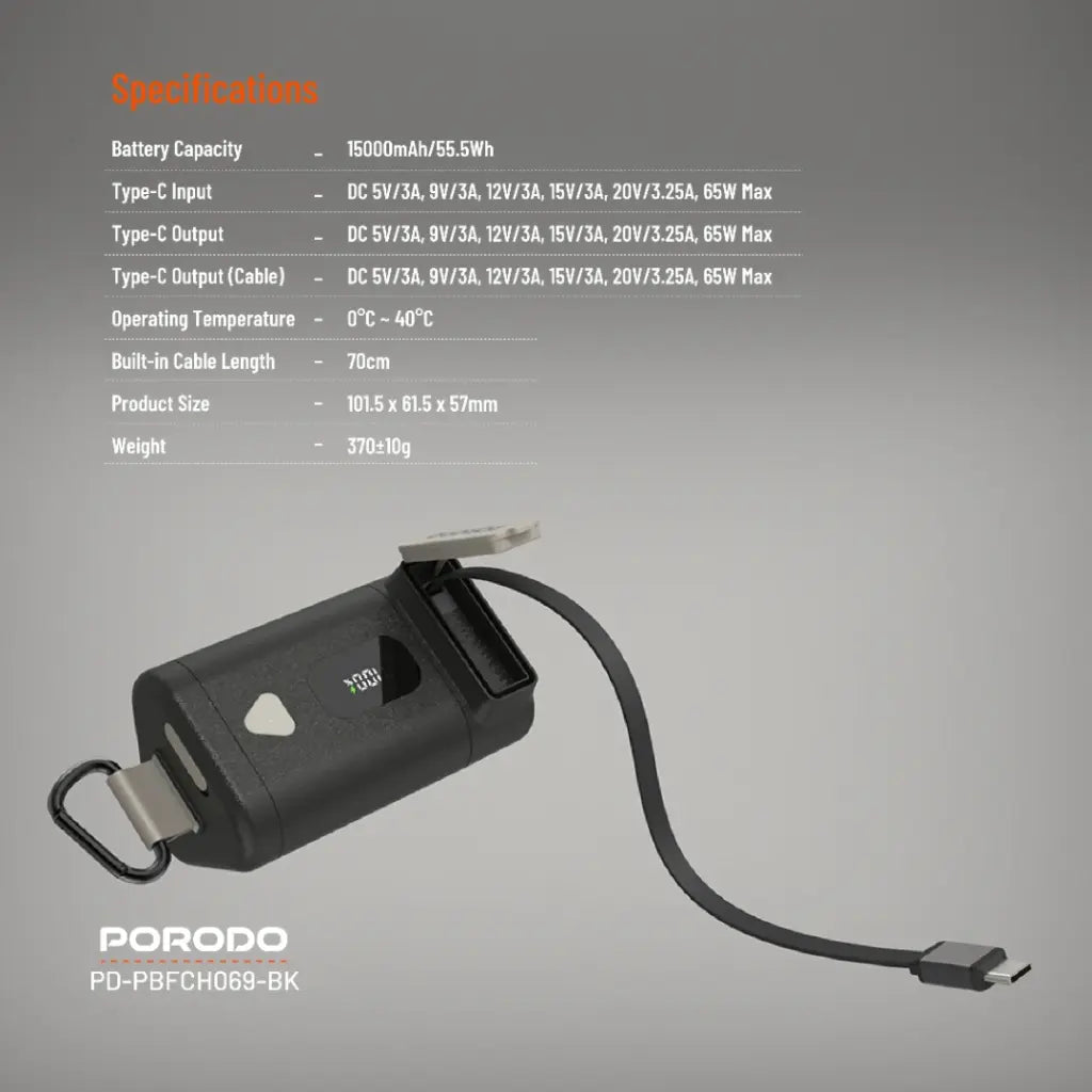 باور بانك بورودو بسعة 15000 مللي امبير بمعيار مقاومة ماء IPX5 وكيبل تايب سي مدمج قابل للسحب - اسود | Porodo IPX5 360° 15000mAh Power Bank with Retractable Type-C Cable - Black.