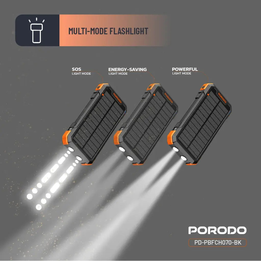 باور بانك بورودو بسعة 20000 مللي امبير, شحن طاقة شمسية مع 3 الواح قابل للفصل وكشاف ضوئي - اسود | Porodo 20000mAh Solar Power Bank with 3 Detachable Panels & Torch Light - Black.