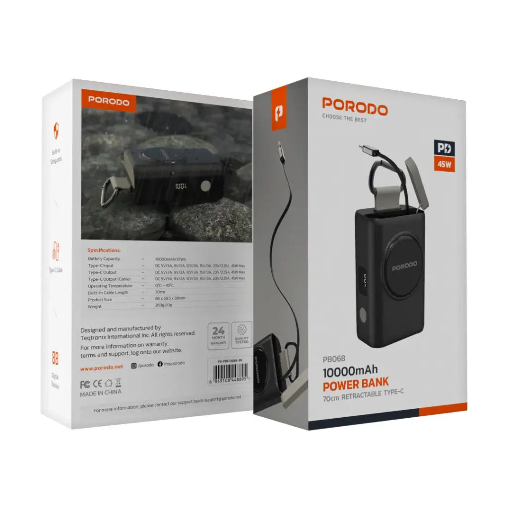 باور بانك بورودو بسعة 10000 مللي امبير - اسود | Porodo Power Bank 10000mAh - Black.