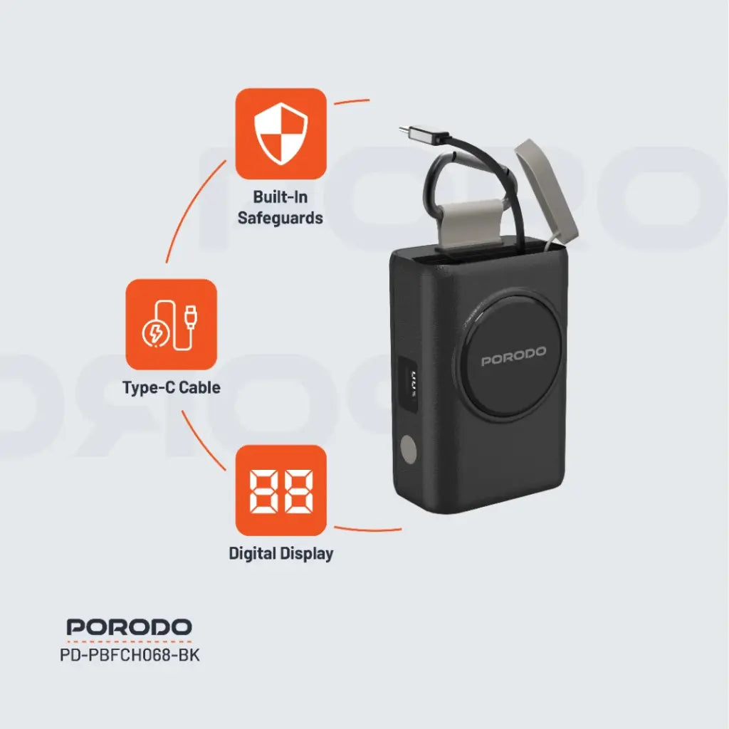 باور بانك بورودو بسعة 10000 مللي امبير - اسود | Porodo Power Bank 10000mAh - Black.