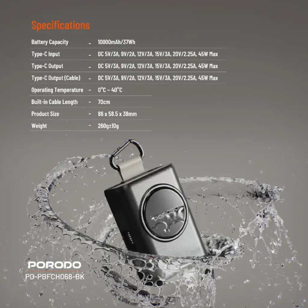 باور بانك بورودو بسعة 10000 مللي امبير - اسود | Porodo Power Bank 10000mAh - Black.