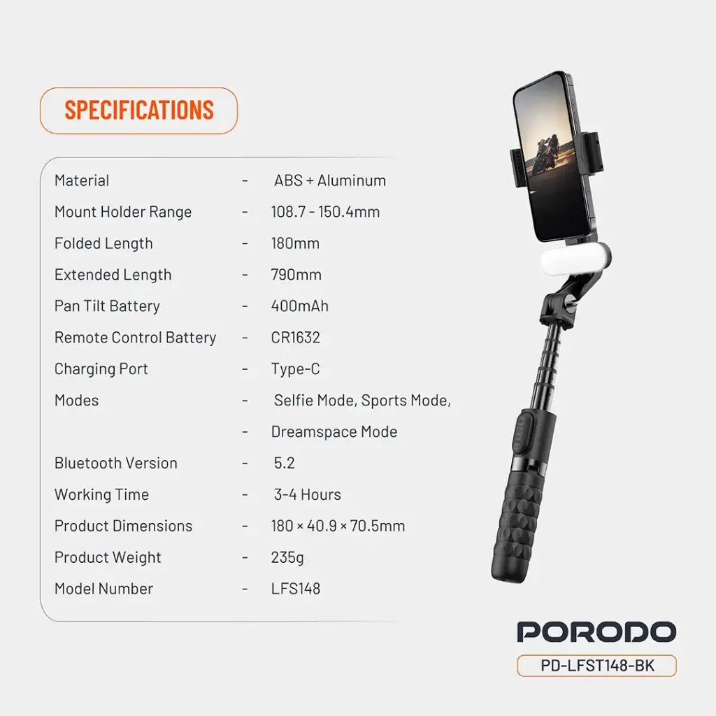عصا سيلفي مع ترايبود من بورودو جيمبال مع ضوء اضافي وجهاز تحكم - اسود | Porodo Gimbal Stabilizer Selfie Stick Tripod with Fill Light & Detachable Remote - Black