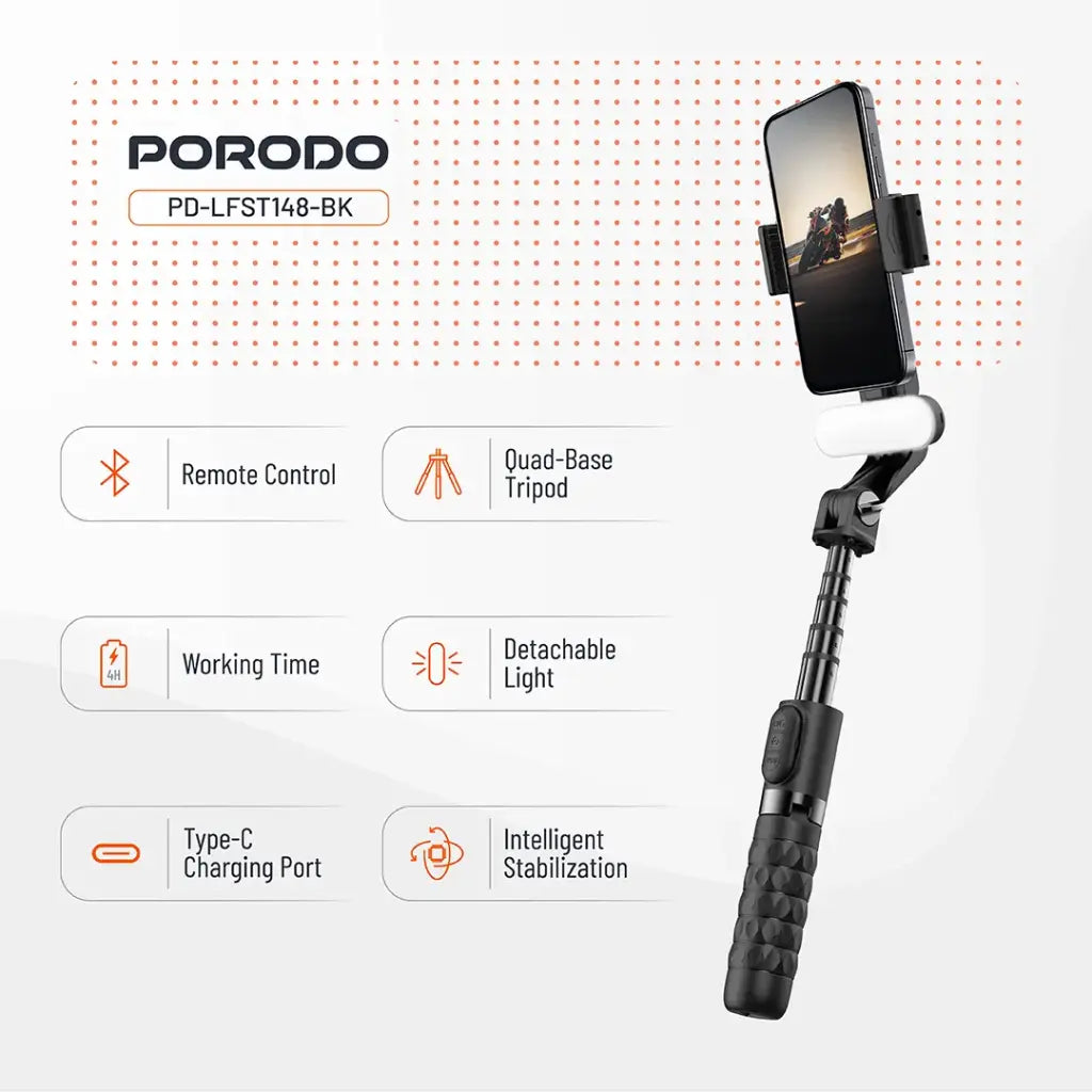 عصا سيلفي مع ترايبود من بورودو جيمبال مع ضوء اضافي وجهاز تحكم - اسود | Porodo Gimbal Stabilizer Selfie Stick Tripod with Fill Light & Detachable Remote - Black