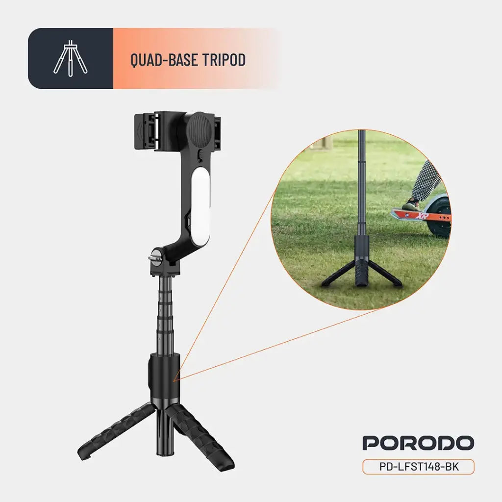 عصا سيلفي مع ترايبود من بورودو جيمبال مع ضوء اضافي وجهاز تحكم - اسود | Porodo Gimbal Stabilizer Selfie Stick Tripod with Fill Light & Detachable Remote - Black