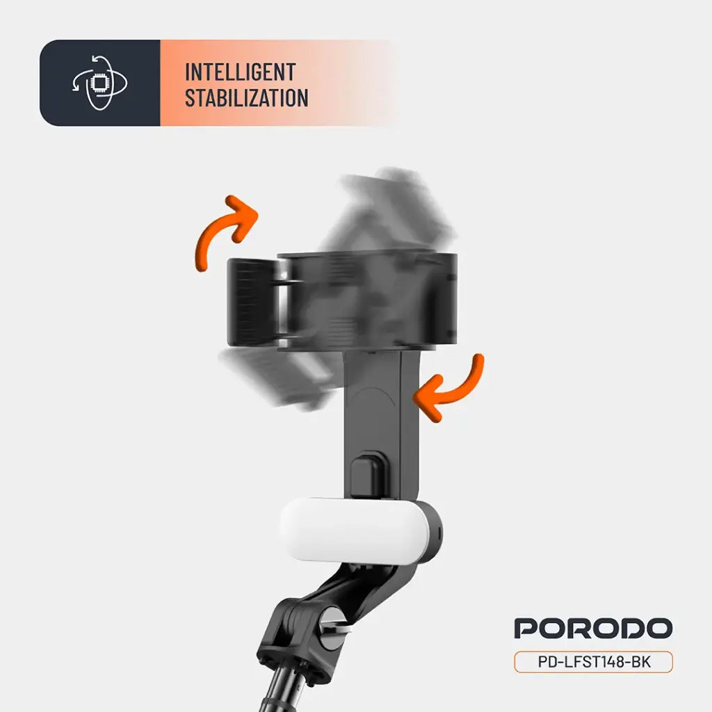 عصا سيلفي مع ترايبود من بورودو جيمبال مع ضوء اضافي وجهاز تحكم - اسود | Porodo Gimbal Stabilizer Selfie Stick Tripod with Fill Light & Detachable Remote - Black