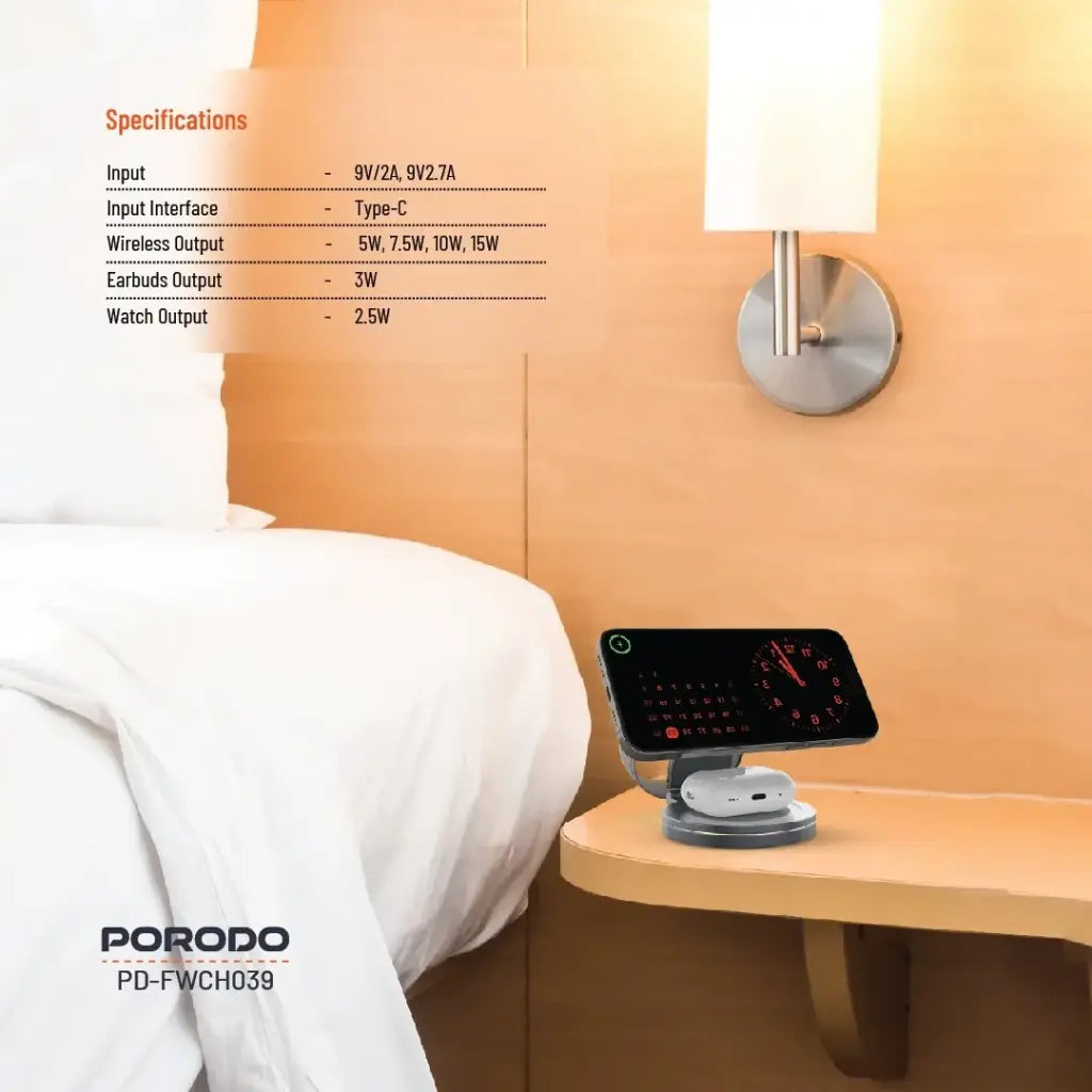 بورودو شاحن لاسلكي مدمج محمول 3 في 1 بتقنية ماج سيف وقاعدة المنيوم دوارة 360 درجة - رمادي | Porodo Portable Compact 3-in-1 MagSafe Wireless Charger Foldable 360° Aluminium - Grey