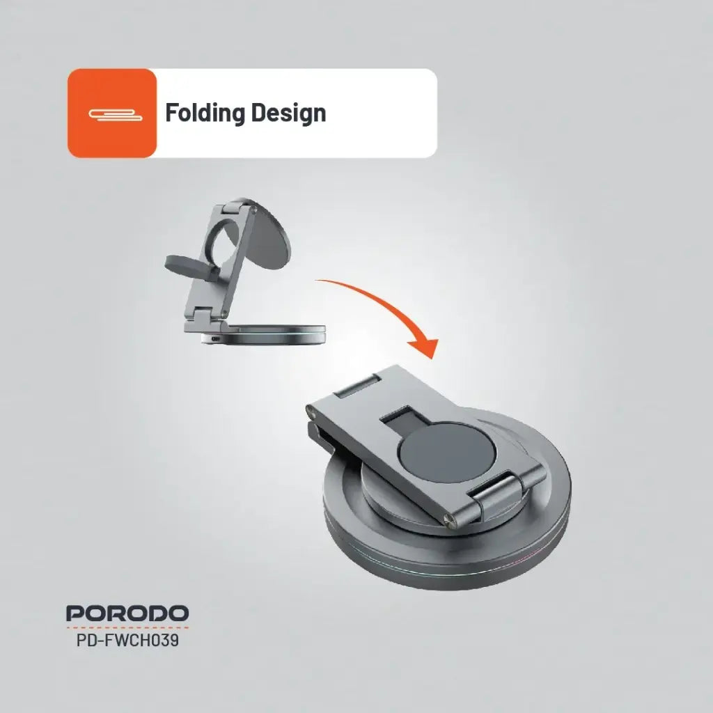 بورودو شاحن لاسلكي مدمج محمول 3 في 1 بتقنية ماج سيف وقاعدة المنيوم دوارة 360 درجة - رمادي | Porodo Portable Compact 3-in-1 MagSafe Wireless Charger Foldable 360° Aluminium - Grey